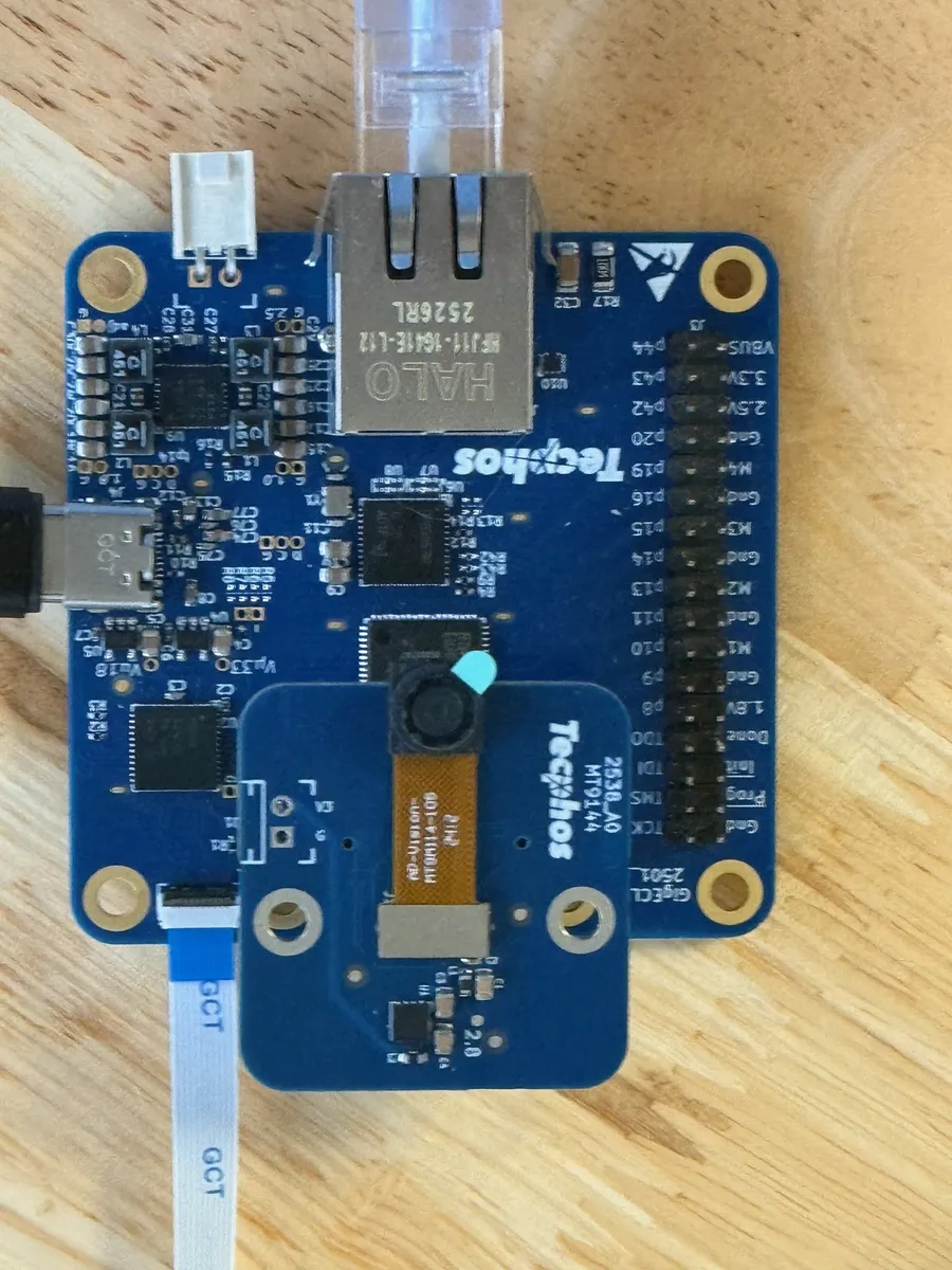 CrossLink-NX dev board with MIPI camera adapter, Ethernet, USB, and Raspberry Pi flex cable