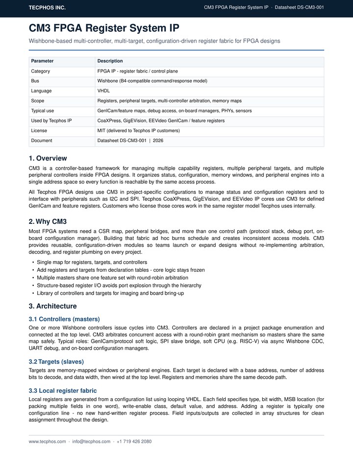 CM3 FPGA Register System IP datasheet — first page preview